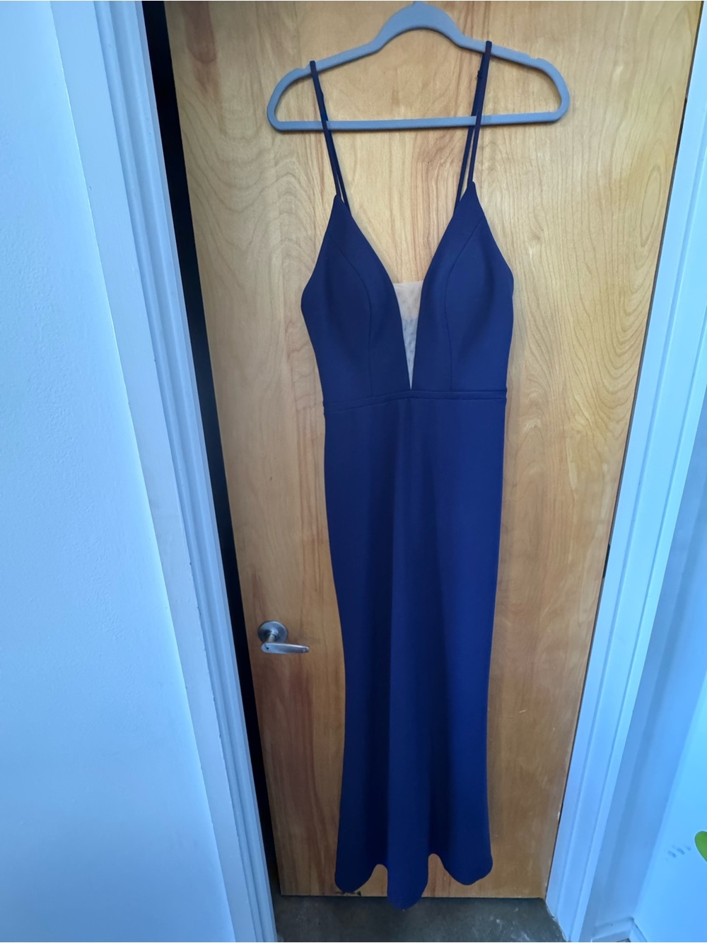 Aqua Deep Navy Plunge V-Neck Spaghetti-Strap Gown